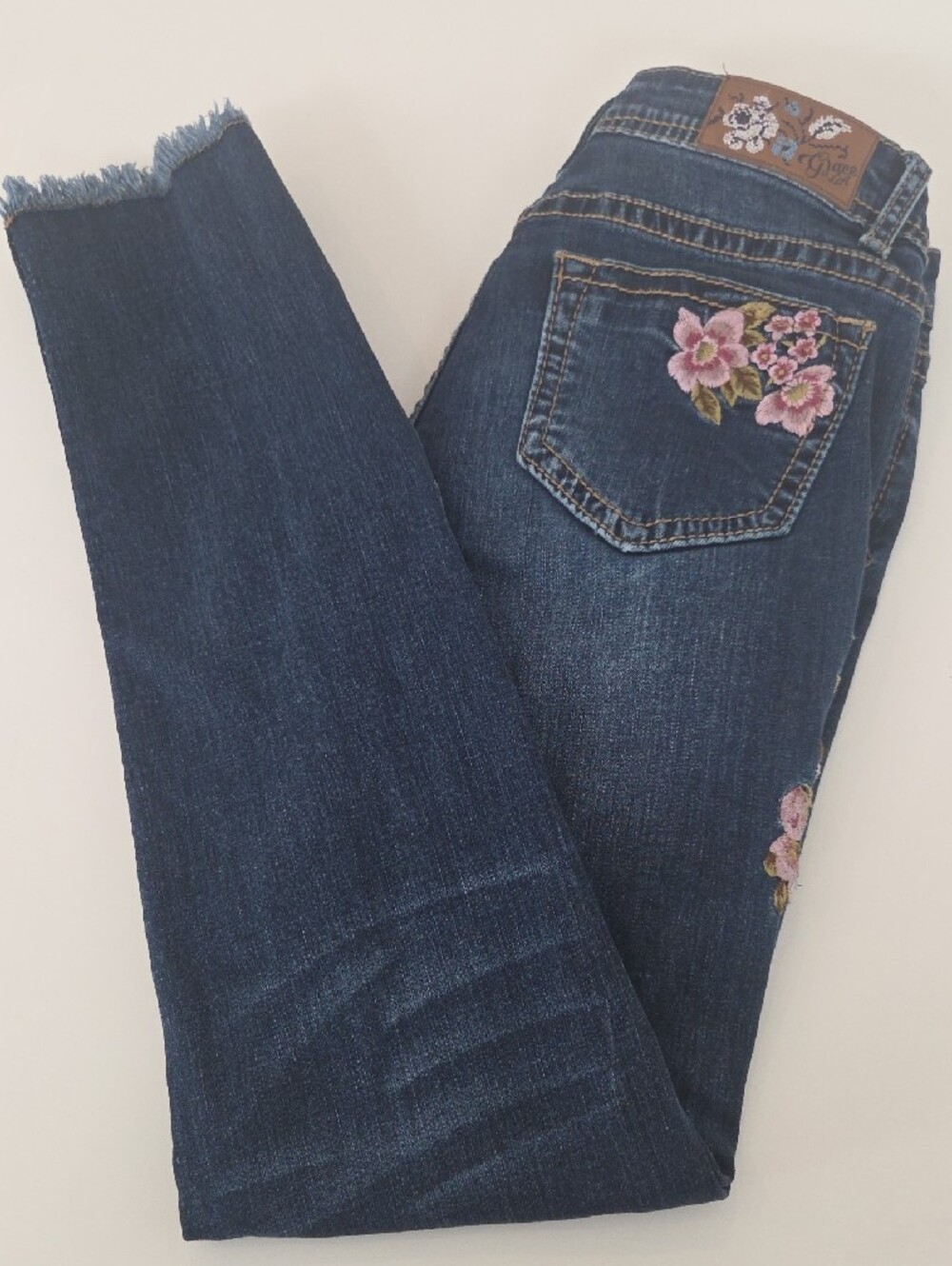 Grace in LA Dark Blue Skinny Jeans Pink Floral Embroidery Distressed Style - Picture 11 of 13